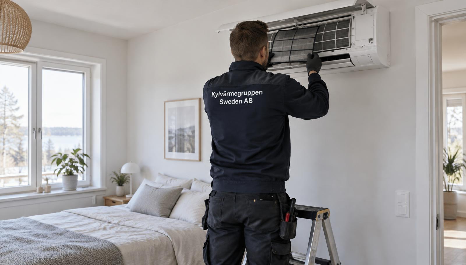 Tekniker rengör filtret i en inomhusdel